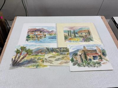 Original Watercolor Landscape Paintings Set, 5 Mediterranean/Southwest Scenes, Signed "Maggie"
