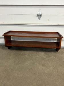 Pier 1 Imports Wall-Mounted 2-Tier Wooden Entryway Shelf with 5 Hooks, 40" Cherry Finish, China 0215. Modern Metal Table Lamp with Cream Fabric Shade, 22" Height, E26 Socket, 60W Max. Sign.