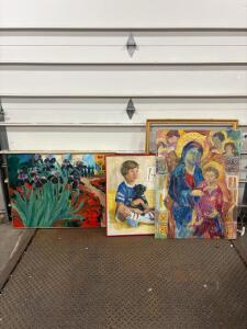 Lot of 3 Framed Original Paintings &ndash; Impressionist Floral, Portrait, Religious &ndash; 36"x28"