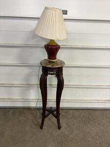 Decorative Burgundy Table Lamp with Marble-Top Ornate Carved Wood Pedestal Stand, Pleated Shade