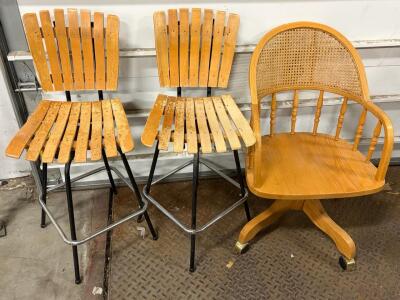 Set of 2 Wooden Slat Bar Stools with Metal Frame & 1 Swivel Cane-Back Rolling Office Chair