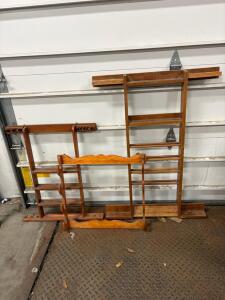 Lot of 3 Wooden Wall-Mount Gun Racks, Holds 4&ndash;6 Rifles or Shotguns Each, Accessory Shelves