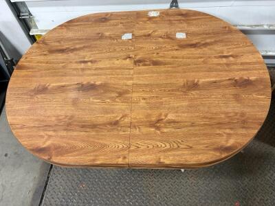 Vintage 60" Oval Laminate Dining Table, Metal Pedestal Base, Extending, Seats 4&ndash;6, Medium Oak. Missing insert.