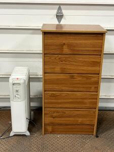 Lakewood 1500W Oil-Filled Radiator Heater & 5-Drawer Oak Finish Dresser, 41.5" x 27.5" x 15.75"