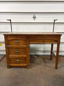 Morris Furniture Mfg Co. Wooden Desk, 3-Drawer with Brass Handles and Bookshelf Brackets, Stamped