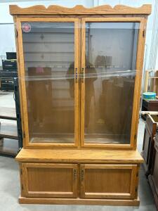 Oak Gun Cabinet Hutch &ndash; Glass Display & Storage, Scalloped Trim, 2 Glass & 2 Wood Doors, ~78"x48"
