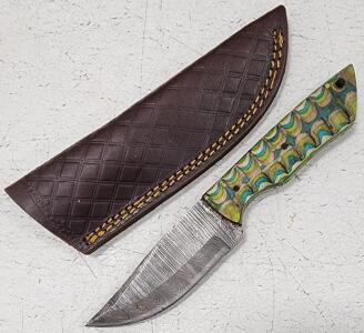 (1) Fixed Blade Damascus Steel Utility Knife With Wood Handle And Sheath