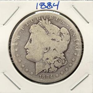 1884 Morgan Silver Dollar, Philadelphia, 90% Silver, Circulated, 38.1mm Diameter