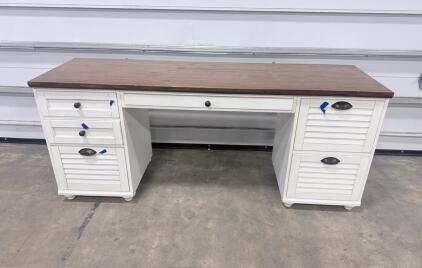 Double Pedestal Executive Desk, White Base with Walnut Top, 7 Drawers, Farmhouse Style, 66"x30"x31"