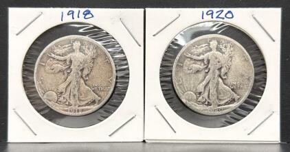 1918 & 1920 Walking Liberty Half Dollars, 90% Silver, Circulated, Adolph Weinman Design