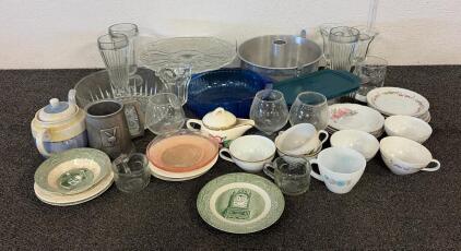 Vintage Glassware and Tableware Lot &ndash; Transferware, Depression Glass, Milk Glass, Cake Stand,