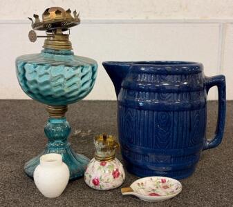 Vintage Blue Glass Oil Lamp Hong Kong, Lefton Floral China, Blue Pottery Pitcher Lot