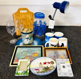 Assorted Home & Kitchen Lot &ndash; OfficeWorks Blue Lamp, Plates, Mugs, D&eacute;cor, Glassware, Frames