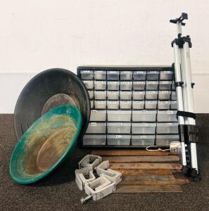 Stack-On 39-Drawer Organizer, 2 Gold Panning Pans, Tripod, Clamps, Files, Steel Plates Lot