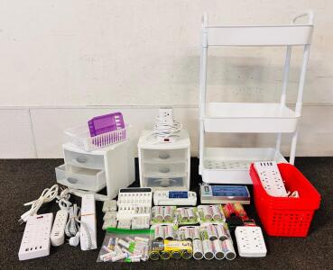 Rechargeable Batteries & Chargers Lot &ndash; Tenergy D, EBL AA/AAA, Power Strips, Organizers, Rolling Cart