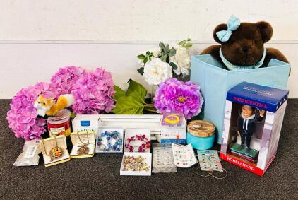 Large Mixed Lot: Faux Flowers, Landstrom&rsquo;s Gold Necklaces, Jewelry, Yankee Candle, Bobblehead, Stuffed Bear, and Home Decor