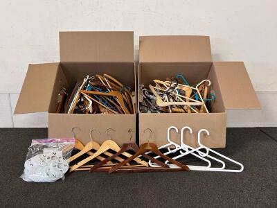 Bulk Lot 80+ Clothing Hangers&mdash;Wood, Plastic, Hotel-Branded, with Size Dividers (S-XL)