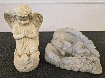 Pair of Concrete Angel Garden Statues &ndash; Praying and Sleeping Child Figurines, Heavy
