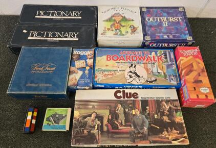 Vintage Board Games Lot: Pictionary First Edition, Trivial Pursuit Genus, Clue, Outburst II & More