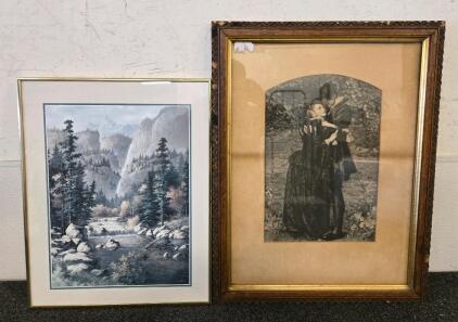 Pair Framed Art Prints: Waterfall Landscape & Vintage Romantic Couple Scene