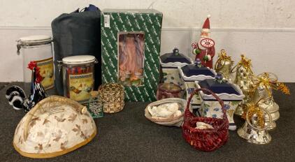 Mixed Home Decor Lot: De Capoli Angel, Ceramic Canisters, Glass Rooster, Holiday & Coastal Accents