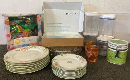 Mixed Kitchen Lot With Floral Plates, Wilton 101 Cookie Cutters, ProactivMD Set, Containers, Glassware