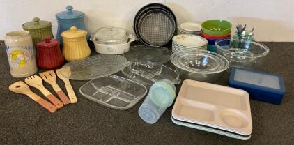 Large Kitchenware Set &ndash; CorningWare Casseroles, Pyrex Mixing Bowls, Canisters, Plates, Trays And More