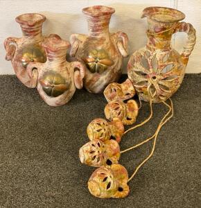 Rustic Decorative Terracotta Amphora Vase & Pitcher Set with Metal Accents, Mini Jug Ornaments, 9pcs