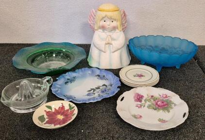 Angel Cookie Jar, Blue Glass Bowl, Green Glass Flower Pot Holder, Glass Hand Juicer, Floral Designed Pltes
