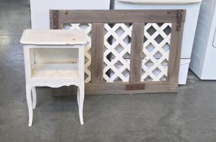 A white vintage-style accent table & A Rustic Wooden Trellis Panel.