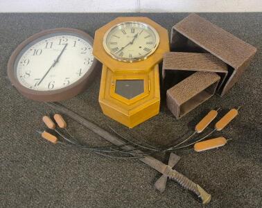 Grandfather Wall Clock, Round Wall Clock, 3 Pcs Wicker Basket, Antique Sword, Wall Decor