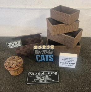 4 Pcs Wicker Baskets, Wicker Basket with Lid, Wooden Wall Quote Frame Devor, Wooden Designed Ring Holder with Lid