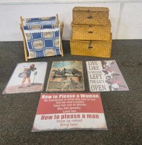 Nonam Storage Basket with Lid Set of 3, Small Hamper, Metal Wall Decor Picture with Quote
