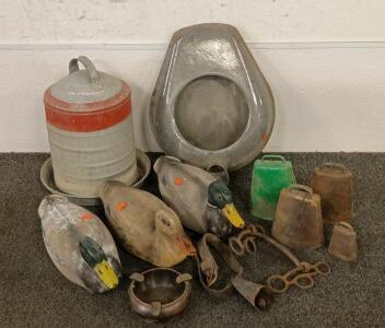 Metal Water Jug, Plastic Duck Decoy, Medium Cow Bell, Metal Portable Toilet