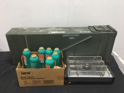 Single Portable Gas Burner With Gas Bottles And Empty Mortar M120/121 Ammo Box