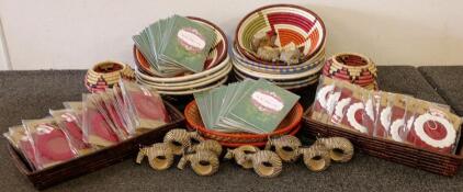 Handwoven Baskets (Round, Oval, Rectangle), Handmade Collection Ornament (Red and White), Mother's Day Cards, Zebra Napkin Holder