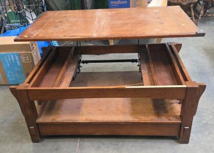 Mission Style Oak Convertible Lift-Top Coffee Table with Shelf & Inlay, Arts & Crafts