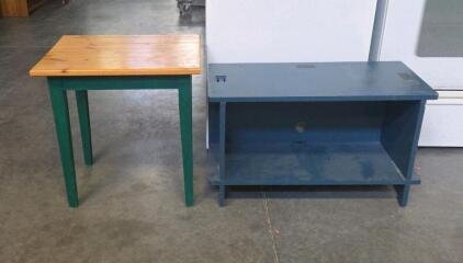 Small Wood Side Table & Blue TV Stand, 20"x20"x21" Table, 31"x16"x18" Media Console