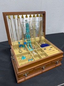 Wooden Jewelry Box With Costume Jewelry