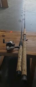 Two Fishing Rods: Cork Handles, 6'6" Medium Power, 1 Spinning Reel, 1-Piece, 7 Guides Each