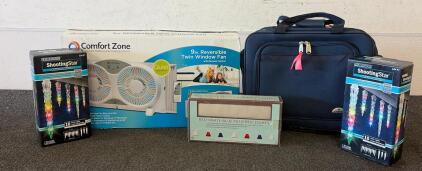 (1) Comfort Zone 9In Reversible Twin Window Fan, (2) Boxes Of Gemmy Industries Shooting Star Icicle Light Set features multi-color LEDs, (1) Samsonite Wheeled Underseat Carry-On Bag, And More!!