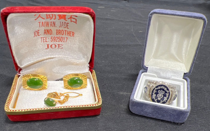 Set of Jade Cufflinks and Tie Clip & Silver Plated Men&rsquo;s Ring