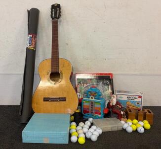 Vintage Prestige Classical Acoustic Guitar, Natural Finish, 18 Frets, 39" Full Size, A Collection Of Golf Balls, (1) Roll Of Landscaping Fabric, And So Much More!!