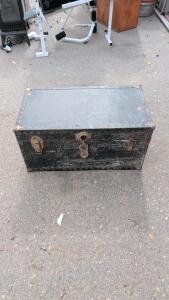 Vintage Black Wood Storage Trunk 32"x16"x16" with Metal Hardware & Artificial Flowers