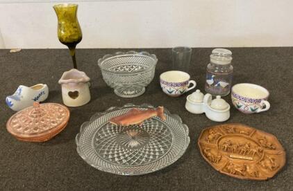 Vintage Glassware & Ceramic Collection - Plates, Teacups, Goose Jar, Calgary Plaque, 12 Pieces