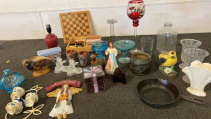 Vintage Collectible Home Decor Lot: Glassware, Chess Set, Cast Iron Skillet, Figurines, 23 Items