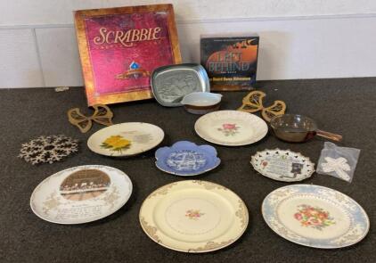 Mixed Lot: Scrabble Board Game, Left Behind, Vintage Plates, Pyrex Pan, Wall Decor