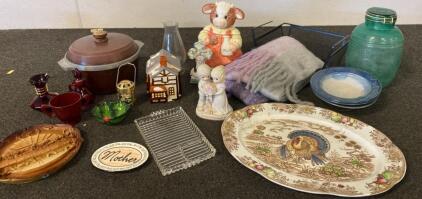 Vintage Home Decor & Kitchenware Lot - Turkey Platter, Cow Cookie Jar, Figurines, 16 Pieces