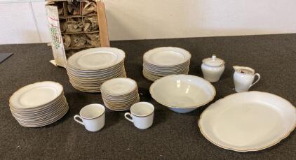 Fine China Dinnerware Set, White with Gold Trim, Multiple Serving Pieces Included
