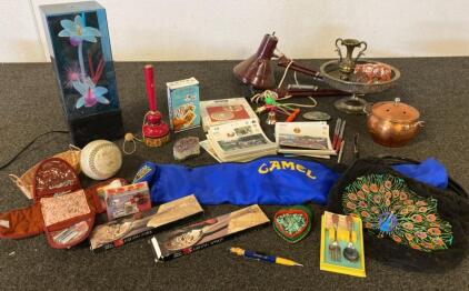 Vintage Collectibles Lot: Lamp ( Works) , Camel Fanny Pack, Embroidered Purse, Flatware, Booklets and so Much More
